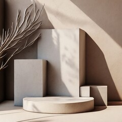Abstract Sophistication: Pastel Stucco Podium and Showcase with Branch Accent