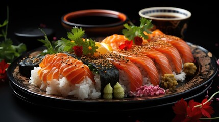 Nigiri sushi, sushi rolls and sashimi served on a traditional Japanese Sushioke round plate.