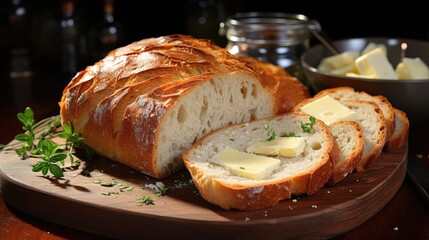 Delicious bread with butter and knife on wooden board