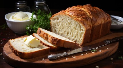 Delicious bread with butter and knife on wooden board
