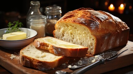 Delicious bread with butter and knife on wooden board