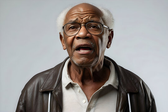 Studio image of an elderly bald African American grandfather wearing glasses and talking towards the camera.