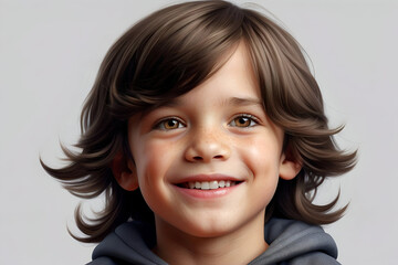Fototapeta premium Studio portrait of a cute boy with long dark hair smiling at the camera.