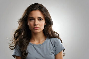 Fototapeta premium Portrait of a beautiful young brunette girl looking directly at the camera. Plain background. Web design image.