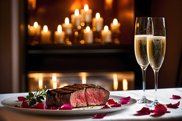Champagne flutes reflecting the soft light of candles, medium rare steaks with charred edges on fine ceramics, delicate rose petals scattered across white tablecloths. Generative AI