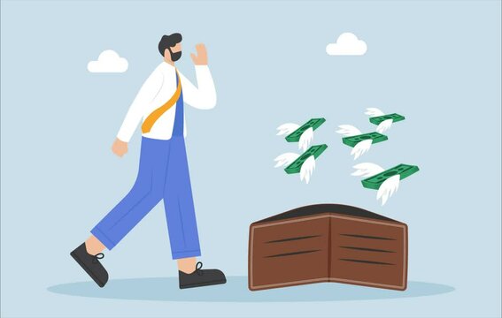 Banknotes flying out of a wallet, illustration vector cartoon

