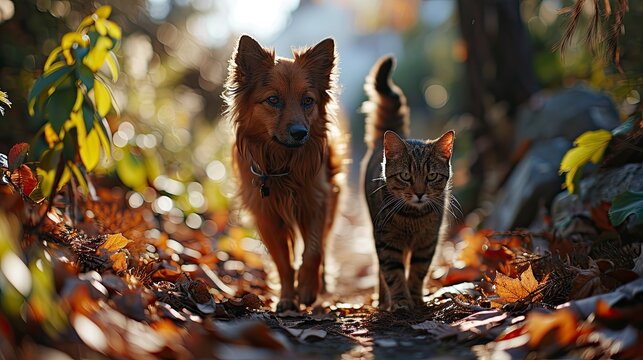 Furry Friends Dog Cat Walk Amicably, Desktop Wallpaper Backgrounds, Background HD For Designer