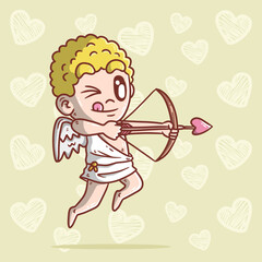 Cartoon vector illustration of Cupid shoot an arrow of love. Hand drawn vector illustration