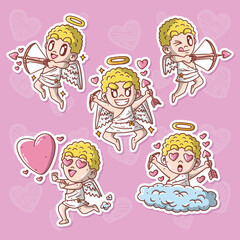 Cartoon vector illustration set of Cute Happy Cupid mascot. Hand drawn vector illustration.