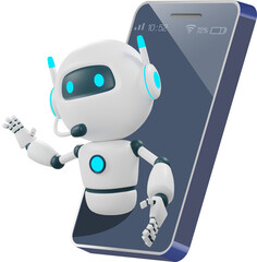 AI chat bot on smartphone screen. Artificial intelligence smart robot technology. 3D rendering cartoon character.	
