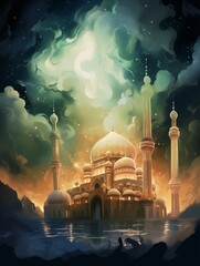 digital painting Majid Majid, the pillars of the mosque are beautiful, the features are soft, the environment is a heavenly forest with trees and vines made of nebulae and stars - generative ai