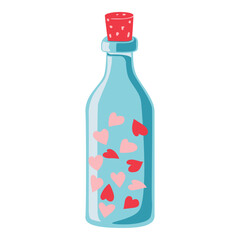 Hand Drawn Hearts Inside a Bottle with a Cork
, Bottle of Love. Cartoon Element for Valentines Day, Wedding and Love Concept Vector Illustration.