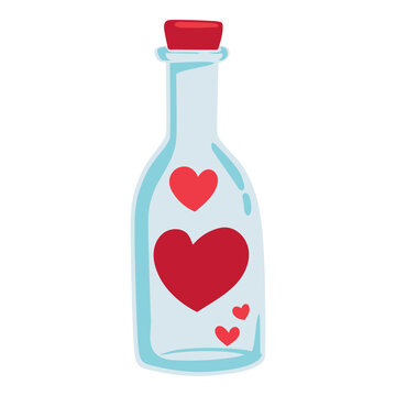 Hand Drawn Hearts Inside a Bottle, Bottle of Love. Cartoon Element for Valentines Day, Wedding and Love Concept Vector Illustration.