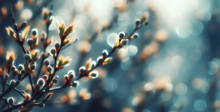A branch with closed buds of spring trees, a blurred background with highlights