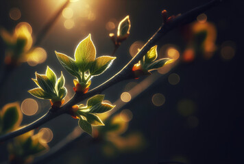 A branch with closed buds of spring trees, small leaves. Blurred background with highlights.