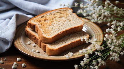 Top view of sliced fresh baked wheat bread on circle plate