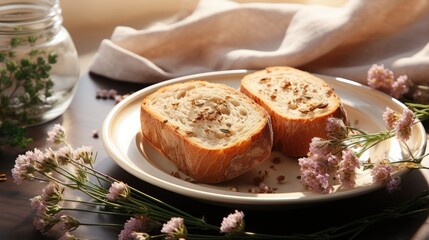 Top view of sliced fresh baked wheat bread on circle plate