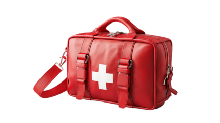 Red bag with emergency first aid kit isolated on white transparent background