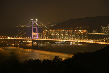 Beautiful night view in Tsing Ma Bridge of Hong Kong