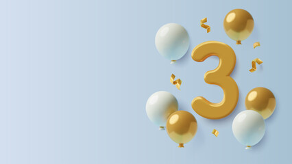 3D number 3 with white and gold balloons on blue background. Baby boy's birthday or third anniversary banner with copy space and three dimensional party decorations. Vector illustration.