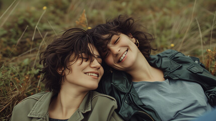 in love couple, two woman together  in the park, ai