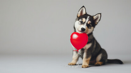 dog with a balloon heart with a copyspace, ai 
