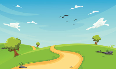 Cartoon landscape scenery, with roads and hills, fields and green trees. A cartoon landscape with a path and trees. This charming design asset is perfect for children's book illustrations, nature