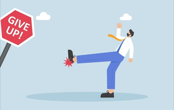 cartoon businessman kick give up sign concept never give up, vector, illustration
