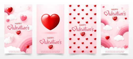 Set of 3d Happy valentine’s day invitation greeting card template. Pink rainbow, sweet heart background for valentine party, poster, online shop, store, sale promotion banner, web, social media post