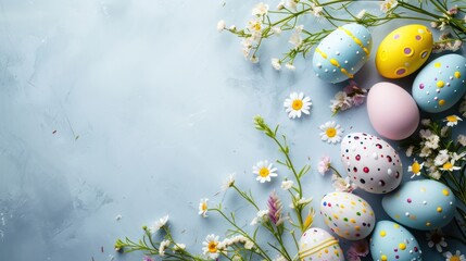 A beautiful Easter background featuring colorful eggs in pastel hues, arranged in a top view on a light blue background, with ample copy space