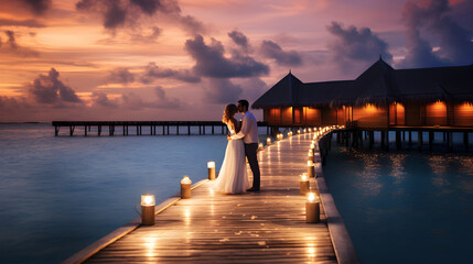 Newly married couple enjoying a romantic honeymoon in the maldives - obrazy, fototapety, plakaty