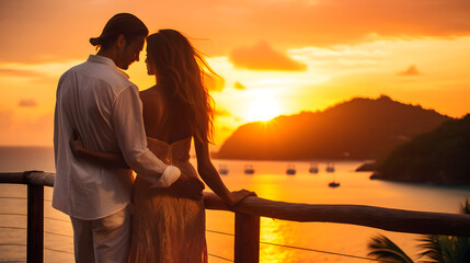 Newlyweds enjoying a romantic honeymoon at sunset