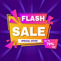 Flash Sale Vector flat design sale background with discount up to 70%. Special Offer. Vector illustration. Get discount 70%.