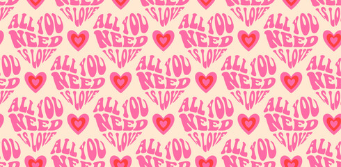 Groovy Hearts Seamless Pattern. Psychedelic Distorted Vector Background in 1970s-1980s Hippie Retro Style for Print on Textile, Wrapping Paper, Web Design and Social Media. Pink and Purple Colors.