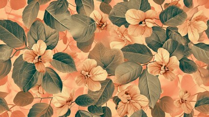 Texture, repeating pattern of flowers and leaves wallpaper, shade of the year 2024 peach fuzz, pantone #ffbe98