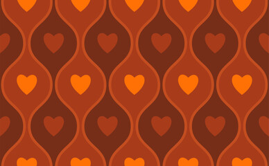 Retro hippie love seamless pattern. Psychedelic 70s style romantic geometric background. Trendy wallpaper print for wedding gift or valentine's day design.