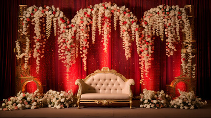 Indian wedding stage adorned with beautiful flower decorations - obrazy, fototapety, plakaty
