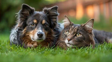Fototapeta premium Dog Cat Together On Green Background, Desktop Wallpaper Backgrounds, Background HD For Designer