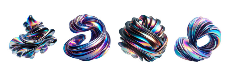 3d fluid abstract metallic holographic colored shape png set transparent background generated by ai