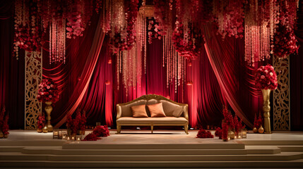 Indian wedding stage adorned with flower decorations - obrazy, fototapety, plakaty