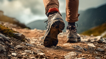 Man trekking on mountains, close-up of feet