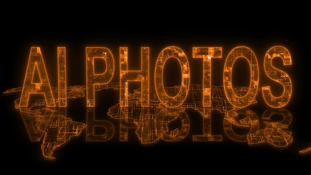3d AI photos text technology earth map animation glowing orange