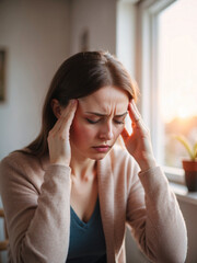Woman with migraine headache holding her head in pain
