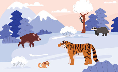 Taiga wild animals on winter nature landscape with mountain and forest vector illustration, cartoon Northern animals
