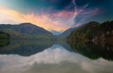 A beautiful panoramic view of the popular Alpsee lake