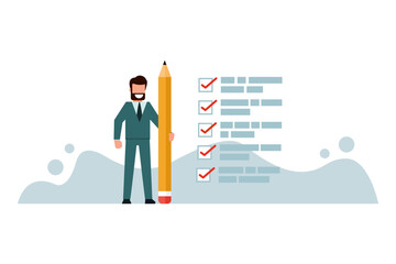 A businessman is ticking boxes to get things done. Completed checklist Success or project progress concept. Concept of ticking boxes to check all completed tasks for the day. Vector illustration
