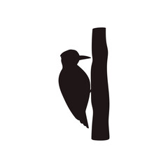 Woodpecker bird on tree trunk black silhouette, cartoon taiga forest bird, vector wildlife nature, woodland animal icon