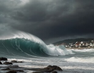 Tsunami in a seaside town, dark stormy sky, Tornado.Tsunami Big waves