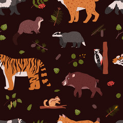 Taiga flora and fauna on vector seamless pattern, cartoon Northern wild animals and branches of conifer tree with cone