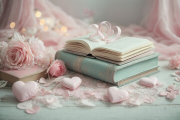 pink roses and book light pastel interior